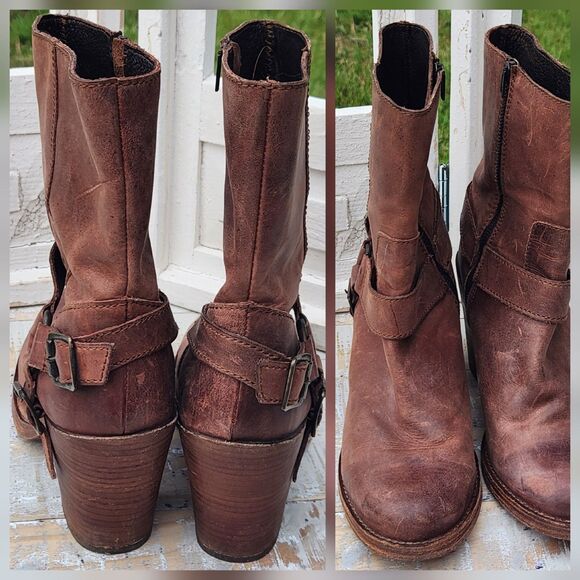 Y2K Vintage Steve Madden Boots Women's 10 Brown Distressed Leather Belted Biker - Picture 3 of 14